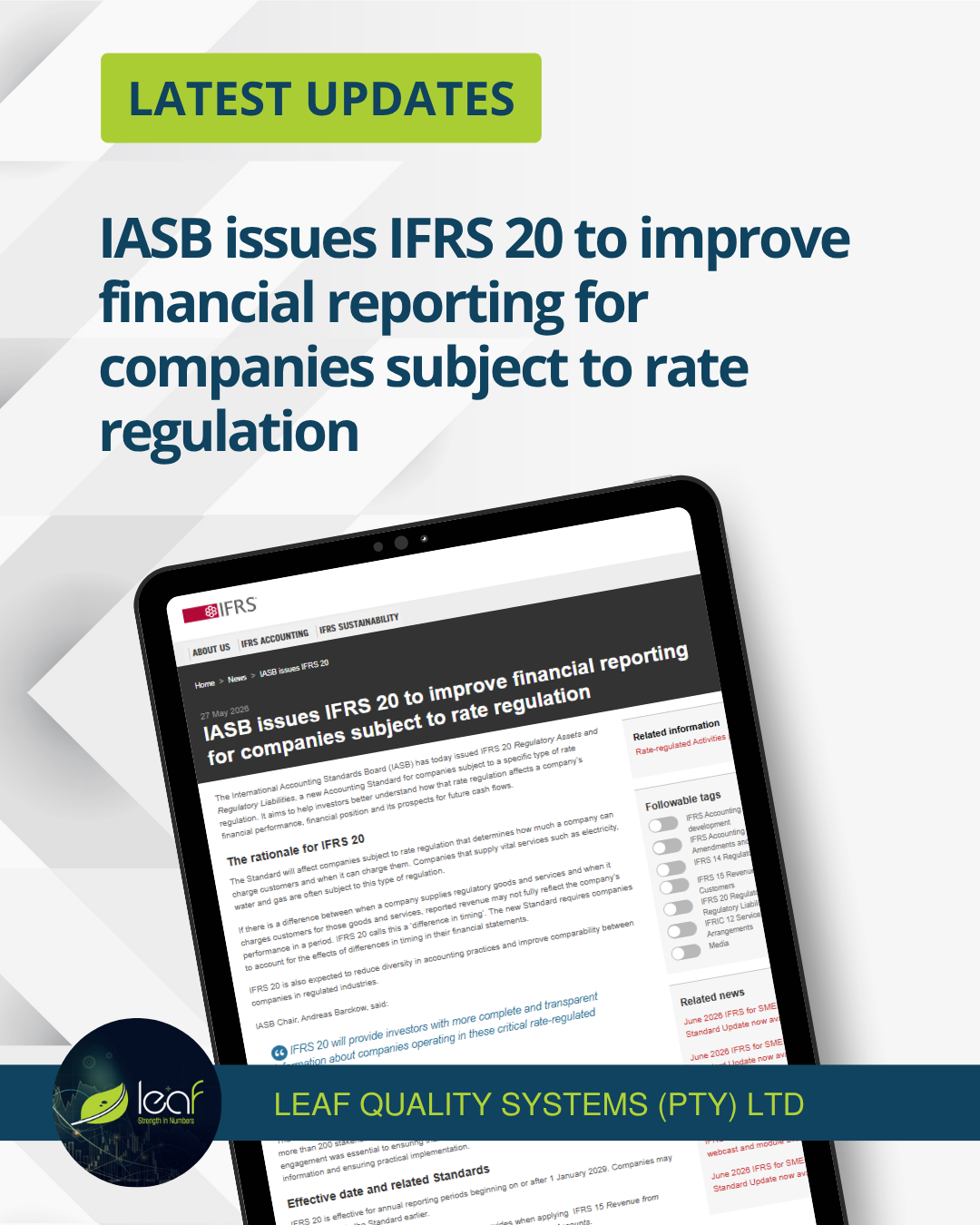 IASB issues IFRS 20 Regulatory Assets and Regulatory Liabilities to improve financial reporting and transparency for rate-regulated companies.