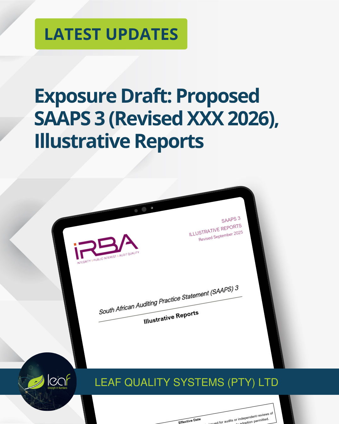 IRBA Exposure Draft of SAAPS 3 (Revised 2026) introducing updates to illustrative auditor reports and auditing standards in South Africa.