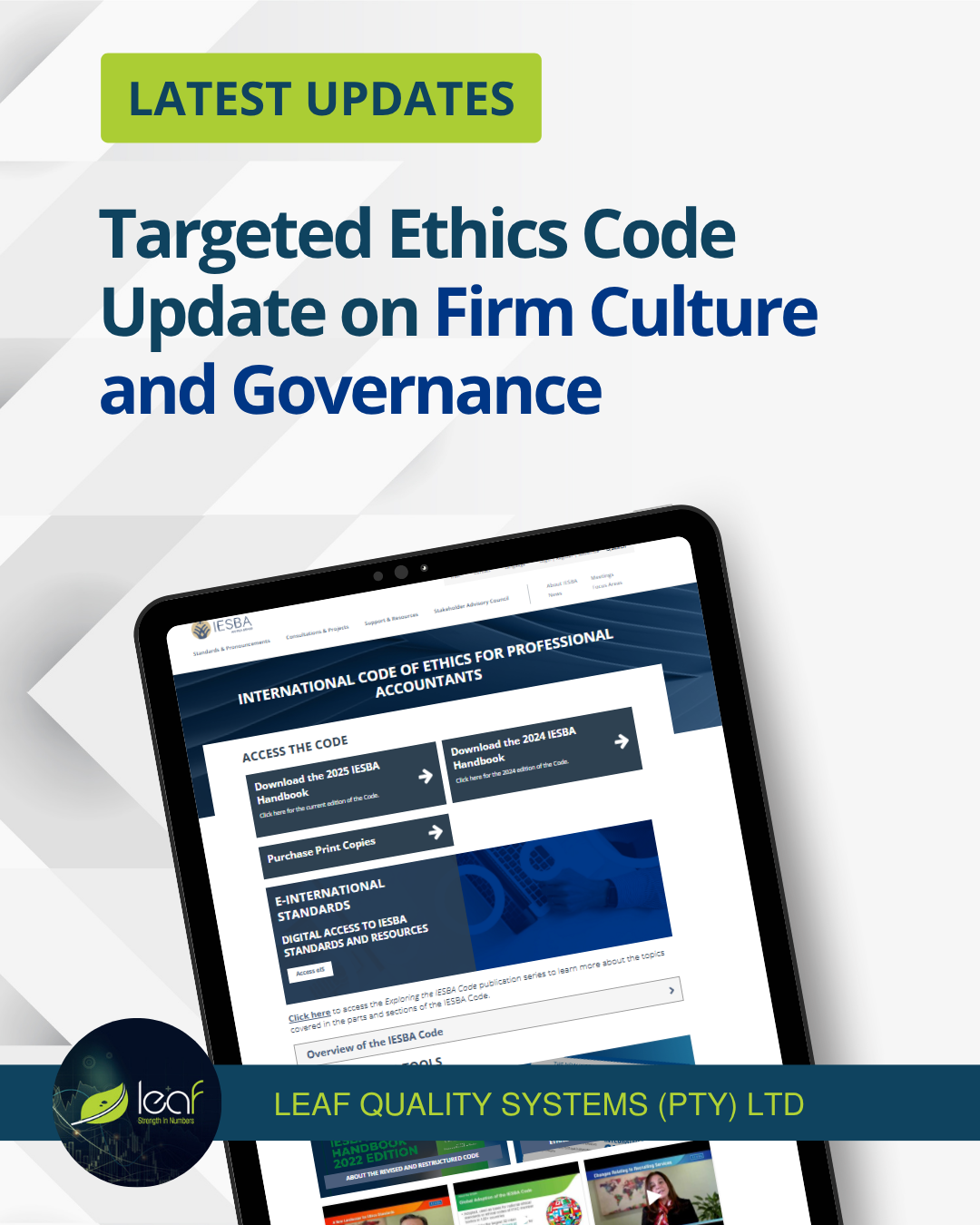 A professional boardroom table setting with corporate governance booklets and digital tablets showing compliance timelines, representing the IESBA Code updates.